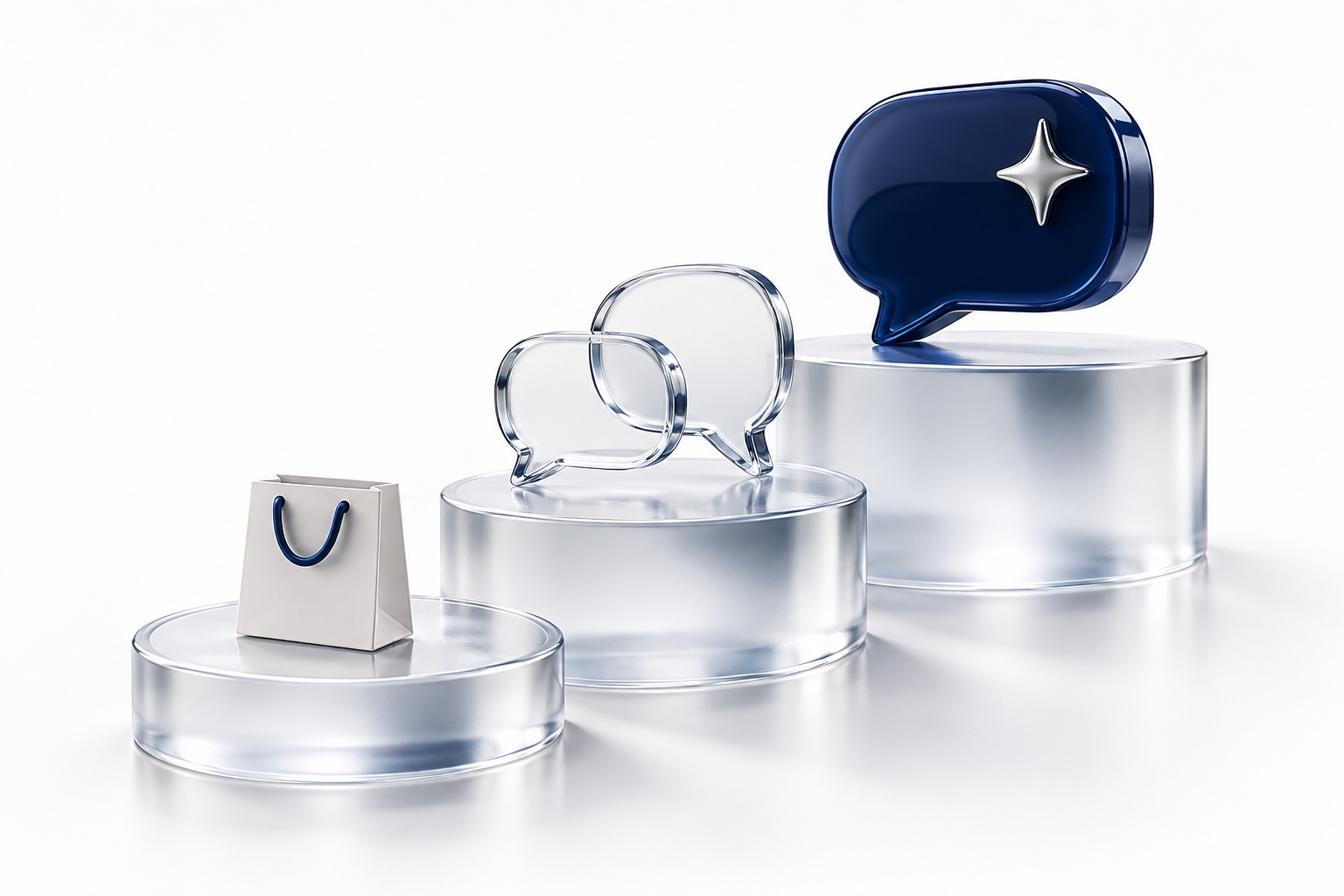 Glass conversation sculptures rising across platforms, representing customer relationships and business growth