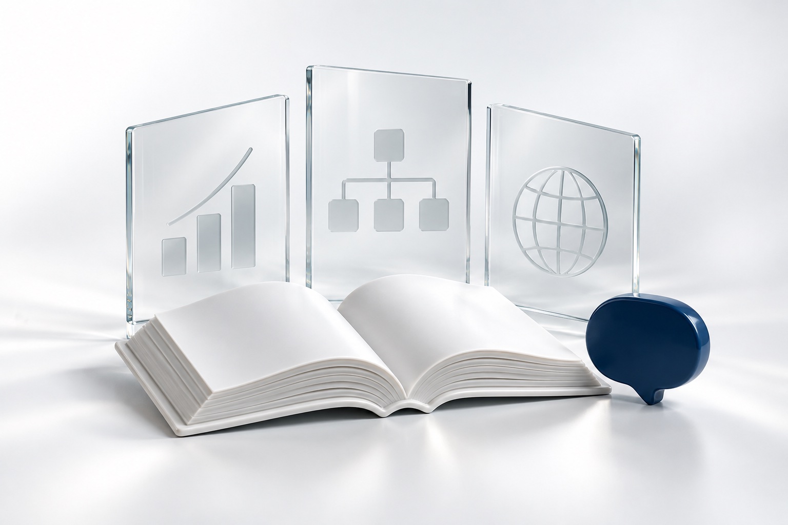 An open book and glass information panels representing your business knowledge