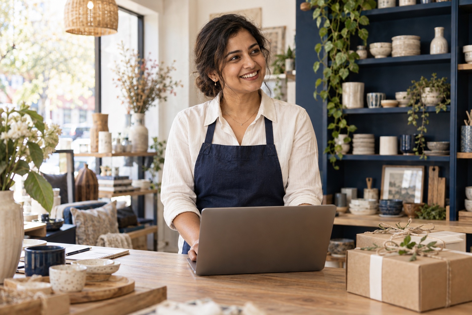 Illustration of a boutique owner at her shop counter, ready to help her customers