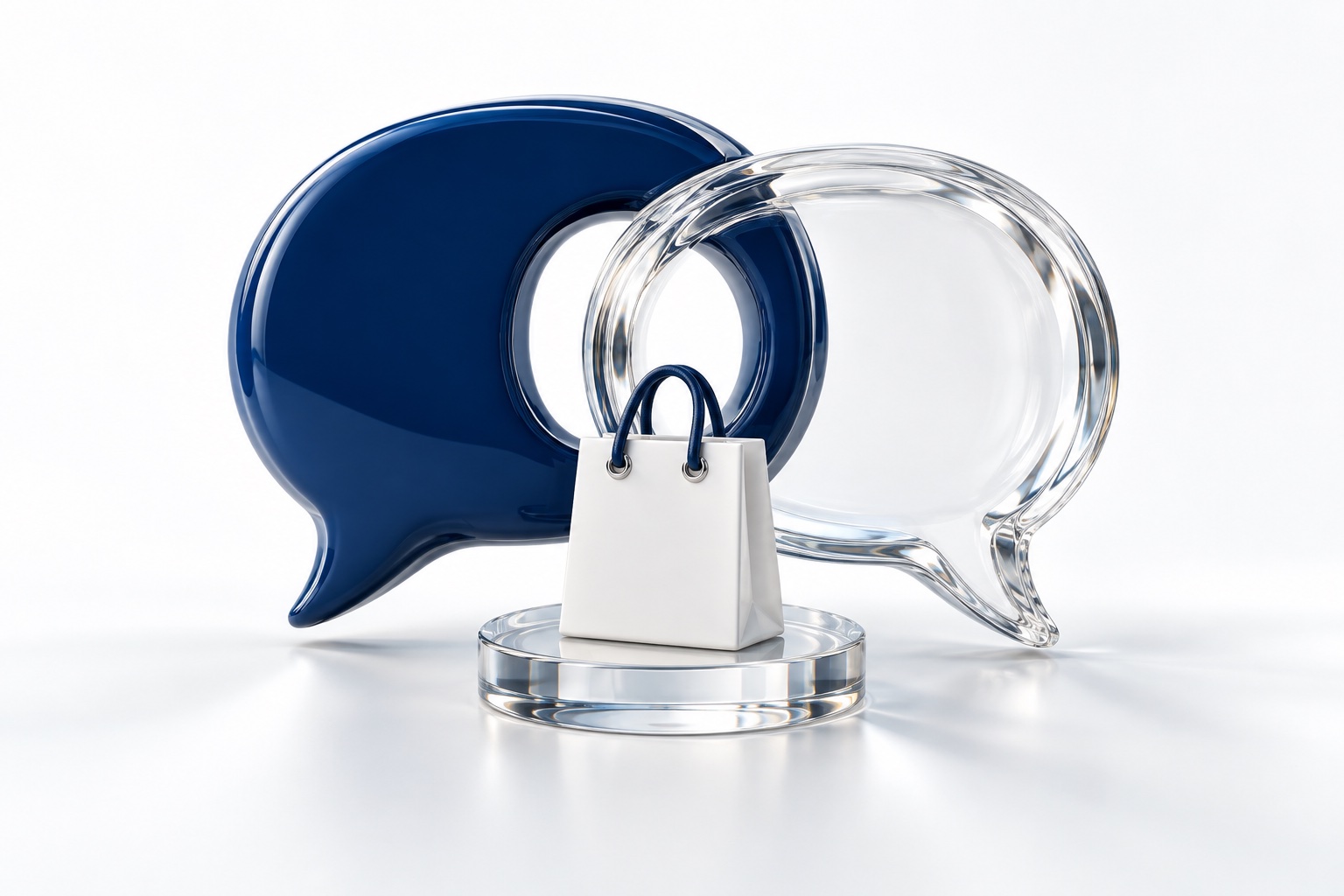 Navy and glass conversation bubbles around a shopping bag