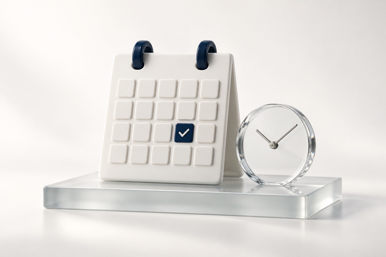 A white calendar with a navy check mark beside a glass clock